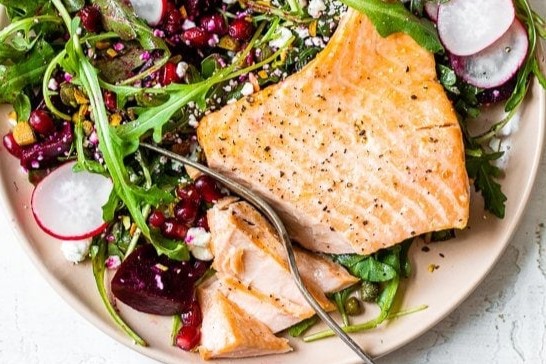 Salmon Salad with Beets, Arugula, Pistachios and Pomegranates