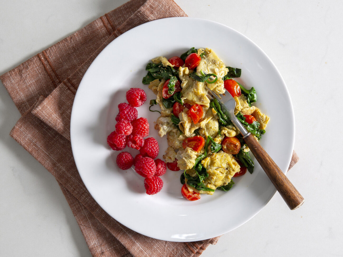 Spinach & Egg Scramble with Raspberries