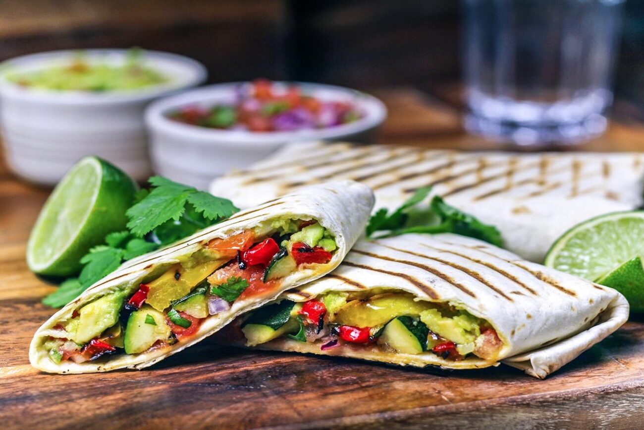 Grilled vegetable wraps with salsa and guacamole