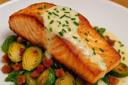 Keto Baked Salmon with Horseradish Cream Sauce & Roasted Brussels Sprouts