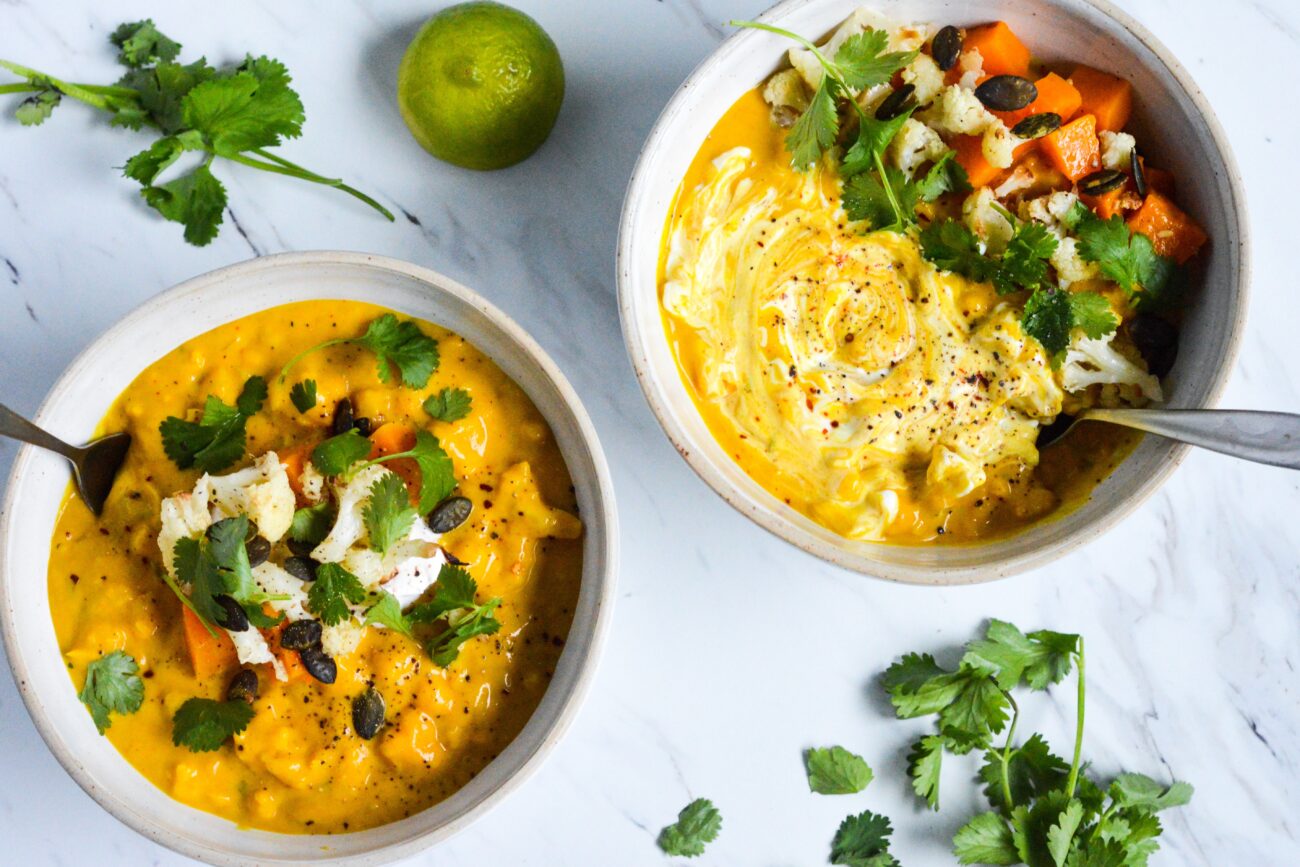 Spiced Chickpea, Sweet Potato + Cauliflower Curry with Turmeric & Coconut